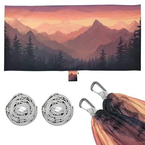 Haskirky Sunrise Mountains Camping Hammock, Single Portable Hammocks with Tree Straps & Attached Carry Bag, 330Lbs Capacity Perfect for Outside Indoor Hiking Beach Backpack Travel