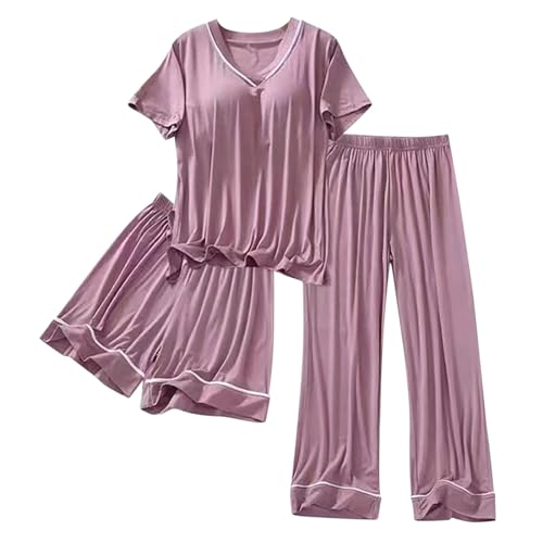 Womens Pajamas Set 3 Piece Built in Bra Tank Tops with Padded Long Pants and Shorts Solid Color Comfy Loungewear Hot Pink