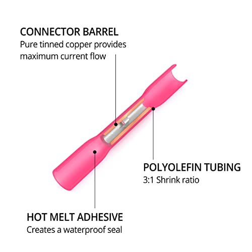 Wirefy 200 Pcs Heat Shrink Red 22-16 Awg Marine Grade Butt Connectors - Wire Butt Splice Connectors - Electrical Waterproof #TOP6