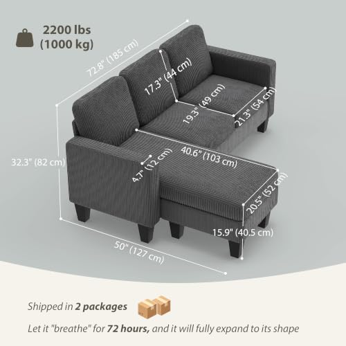 Image of HOMCOM 73 inch L-Shaped Sectional Sofa 3 Seater Couch 2200lb Capacity Dark Gray