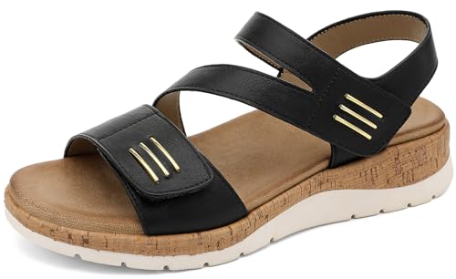 Image of UBFEN Womens Low Wedge Walking Sandals with Arch Support | Open Toe Sandals Adjustable Instep and Ankle Straps for Summer Everyday Outfits, Travel,Vacation