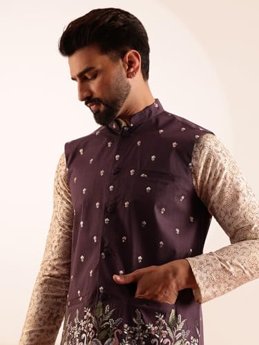 Image of SOJANYA Men's Silk Blend Cream Kurta & White Pyjama With Daman Embroidered Nehru Jacket