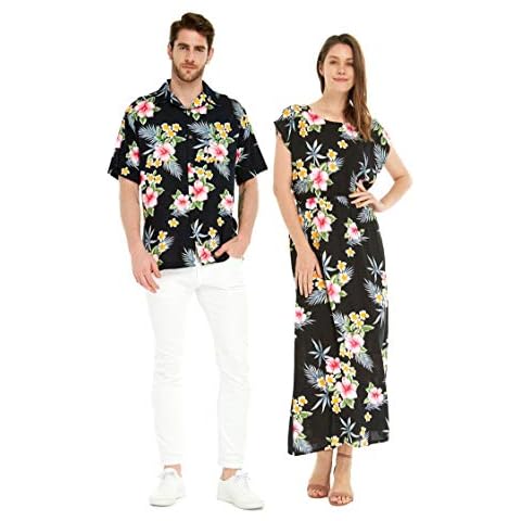 Matchable Couple Hawaiian Luau Shirt in Hibiscus Black, Men, L Cover
