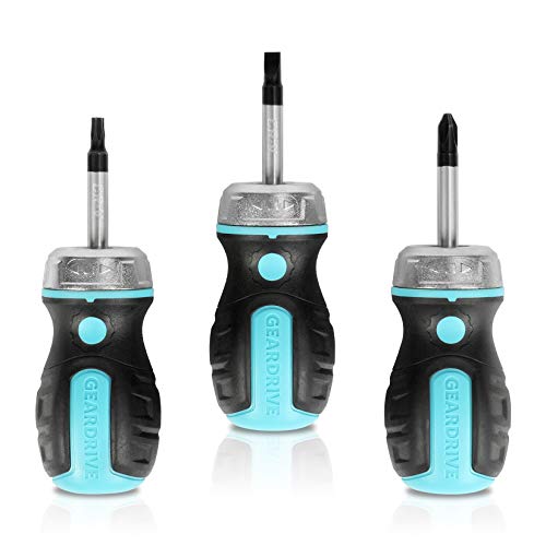 GEARDRIVE Stubby Ratchet Magnetic Screwdriver Set, 3 pieces PH2, T20, Slotted 3/16 Screwdrivers for DIY & Home Use, Non-slip TRP Handle
