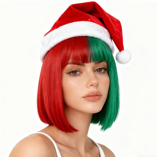 Svolna Half Red Green Short Bob Wig with Bangs Synthetic Straight Hair Wigs for Women 14 Inch Cosplay Chrismas Wig for Women Costume Bob Wig (Half red and green-STR)