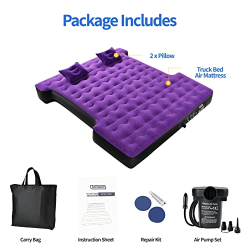 Tecoom Truck Bed Air Mattress for 5.5-5.8ft Short Truck Beds, Thickened Flocking Surface Leakproof Truck Bed Mattress, Patch kit, Pillows, Truck Air Mattress for Truck Tent Camping, Purple