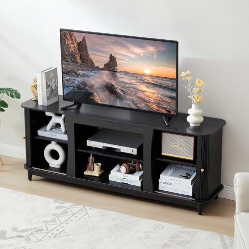 Image of TV Stand, Fluted Media Console Table with Storage and Sliding Door, Farmhouse Entertainment Center for Living Room, Home Office (Black-No Fireplace)