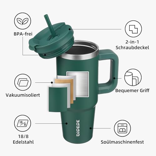 BJPKPK 1200 ml Isolierter Edelstahl-Becher mit Griff Deckel und Strohhalm – Ansicht 5
