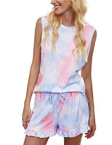 Summer Sleepwear for Women Shorts Set,Tanst Sky Soft Ladies Pajamas Sexy Lounge Clothes Set Multicolor Tank Tops Tie Dye Pjs Multicolor Jersey Tank Jammies Petite M Pink Blue