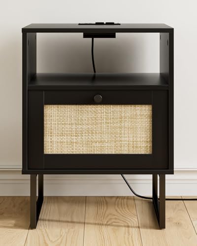 Image of Rattan Nightstand with Charging Station, Boho Night Stand Farmhouse Wood Bedside Table with Storage and Open Shelf, End Side Accent Table for Bedroom,Living Room,Black