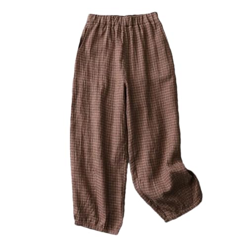 Women Vintage Plaid Wide Leg Pants Linen Pockets Elastic Waist Casual Loose Trousers