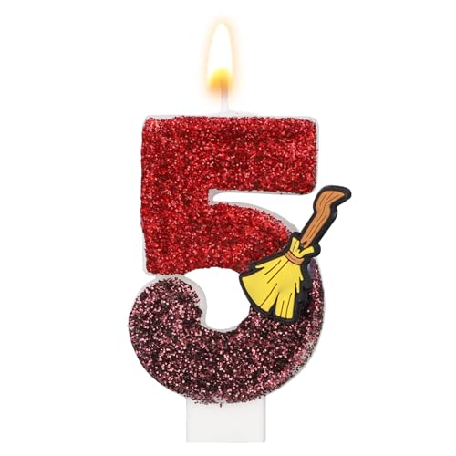 Vela de Cumpleaños con Temática Mago Mágico, Vela Número Brillante Temática de Escoba Mágica con Lentejuelas Adorno para Tarta para Suministros Decoración Fiesta Cumpleaños Niños (Número 5)