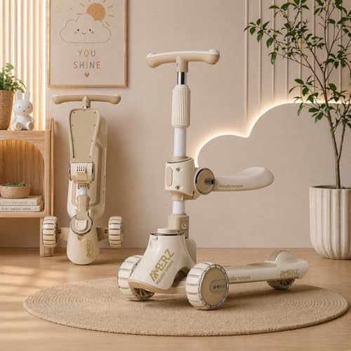 Image of Multi-Functional 2 in 1 Kids Kick Scooter with Foldable Seat | Adjustable Handlebar | PU LED Flashing 3 Wheels | for Boys & Girls Age 3-14 Years. (KS-110 Sand Beige)