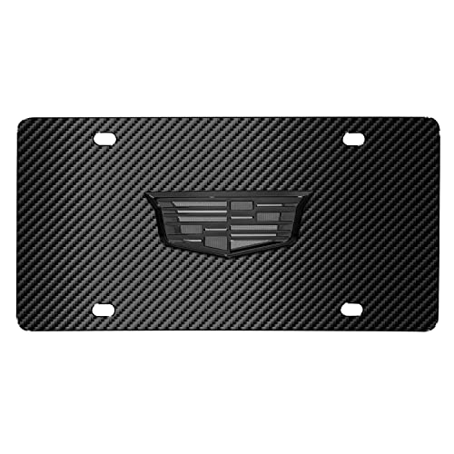 iPick Image for Cadillac 3D Crest Logo in Gunmetal Dark Gray on Black Carbon Fiber Pattern Stainless Steel License Plate - Official Licensed