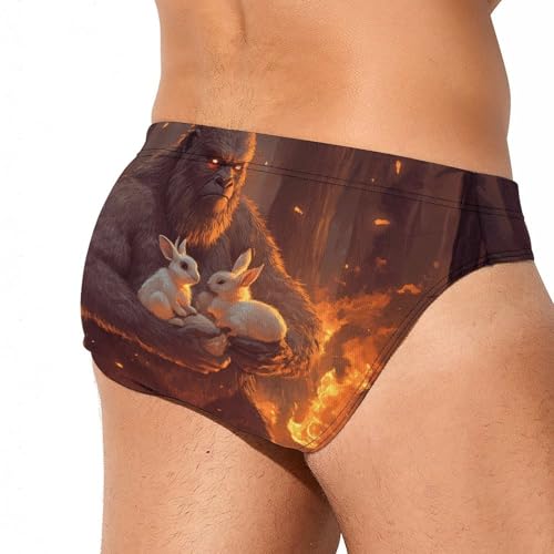 Bigfoot Rabbits Fire Printed Swim Briefs for Men Sexy Bikini Swimwear Elastic Beach Trunks Bathing Suit4