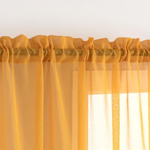 Image of MYSTIC-HOME Sheer Curtains Yellow 84 Inches Long, Window Treatments Rod Pocket Drapes for Living Room, Bedroom, Semi Crinkle Voile Extra Wide Curtains for Yard, Villa, Parlor, 108 inchx 84 inch, 2Pc
