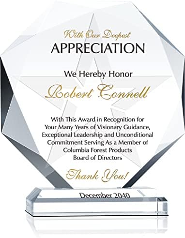 Custom Engraved Crystal Board of Director Appreciation Award Plaque, Unique Personalized Thank You Gift, Farewell Gift, Retirement Gift, Going Away Gift for Board Member and Executives (M - 6.5")