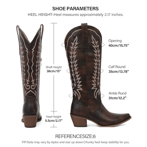 Image of Tscoyuki Cowboy Boots for Women: Embroidered Western Knee High Boots Women - Pointed Toe Chunky Heel Cowgirl Tall Boots