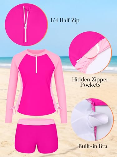 Image of Girls Rash Guard Swimsuit Long Sleeve Swim Shirt with Pockets UPF 50+ 7-16Y