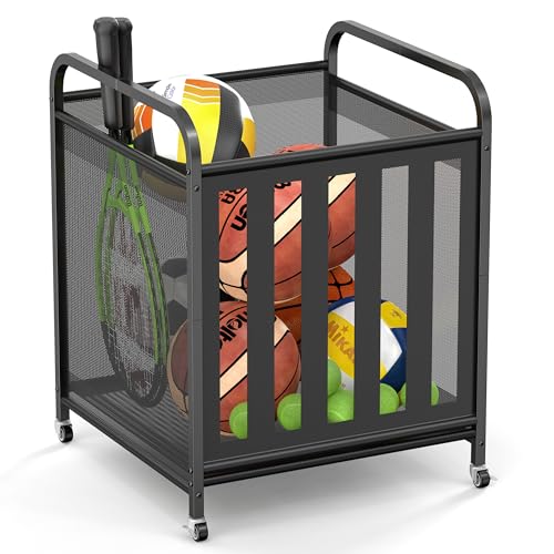 niffgaff Large Rolling Ball Storage Cart – Metal Ball Bin with Lockable Wheels and Elastic Straps, Holds Basketballs, Soccer Balls, Toys and Sports Equipment, Indoor & Outdoor Organizer – Black