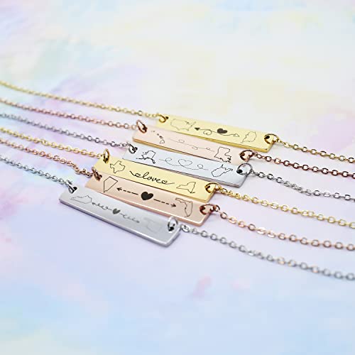 Personalized Long Distance Relationship Necklace Custom State-to-State or Country-to-Country Engraved Bar Pendant, Handmade Bridesmaid Gift Jewelry for Couples, Friends, Deployment, Farewell Gifts4