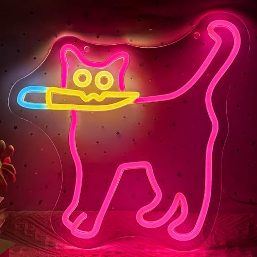 Image of Cautiously Cat Neon Signs, Funny Cat With Knife Neon Light for Wall Decor, Dimmable Animal Sign for Restaurant Kitchen Kid Room Pet Shop Bedroom Home Party Decor (Magenta)