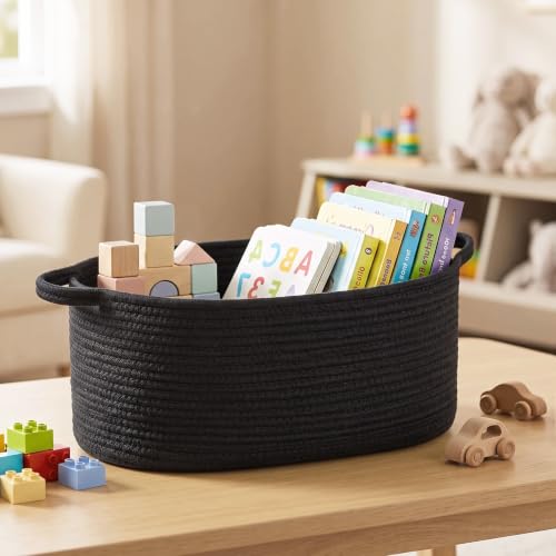 Image of Large Woven Gift Basket Empty, Cotton Rope Storage Bin with Handles, Dog Toy Box, Baby Nursery Organizer Bin, Decorative Shelf Basket for Laundry, Blanket Storage, Black, 19.6 inchx11 inchx7.8 inch