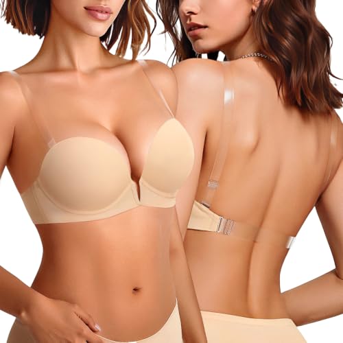 Upushall Backless Bra with Clear Straps and Back Plunge Padded Push Up Low Cut Underwire Bras for Women Beige 36D