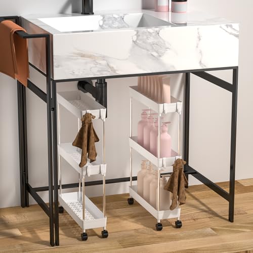 Homshsjhkis Carrito Auxiliar con Ruedas, Carro Cocina Estrecho Alto 4 Niveles, Mueble Auxiliar Baño Estrecho Móvil Multifuncional con 4 Ganchos Extraíbles para Salón,Dormitorio, Oficina, Blanca - imagen 6