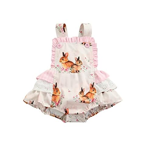 Douhoow Baby Girl Easter Outfit Sleeveless Ruffle Layered Bunny Suspender Romper Overalls, Beige, 12-18 Months Cover