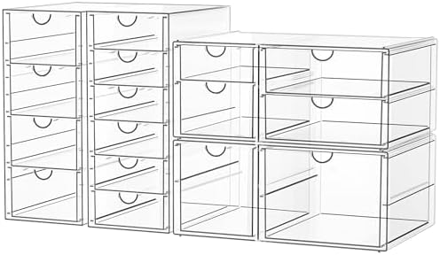 SortNStore Makeup-Organizer 4er-Set 16 Schubladen Anti-Rutsch-Pads | Stapelbare Schubladenbox für Kosmetik, Bürobedarf, Werkzeug, Bausteine
