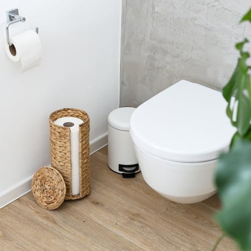 Miniatura 2 de Hmf Portarrollos De Papel Higiénico Trenzado De Jacinto De Agua Sostenible, Soporte De Pie Para Papel Higiénico 3 Rollos De Wc 35,5 X 17 Cm