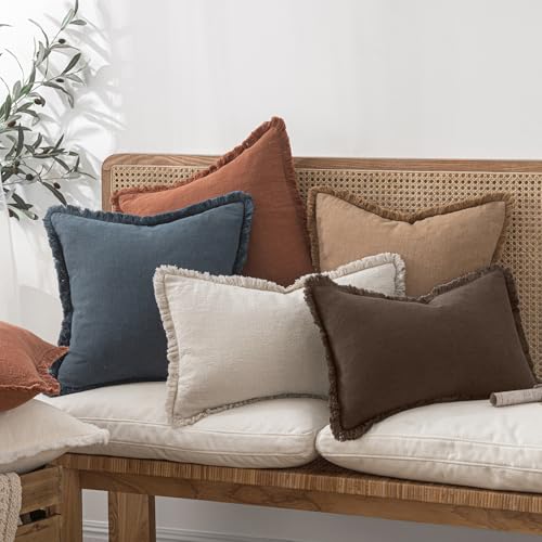 Image of MIULEE Decorative Throw Pillow Covers Neutral Linen Fringe Throw Pillows Set of 2 Reddish Brown Boho Farmhouse Cushion Covers with Tassels for Couch Sofa Bed Living Room Fall Decor 18x18 Inch