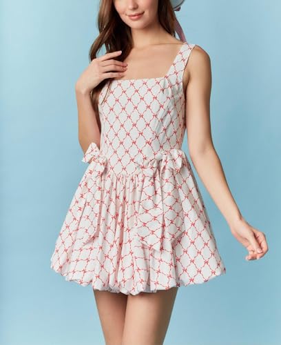 Image of Women Y2K Tie Shoulder Mini Dress Bow Babydoll Ruffle Short Dress Summer Boho Floral Flowy Beach Sundress