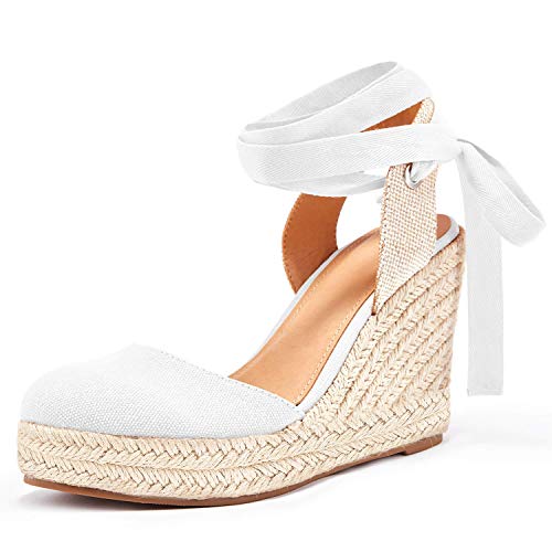 Ermonn Womens Espadrilles Wedge Sandals Platform Closed Toe Ankle Strap Lace Up Summer Shoes
