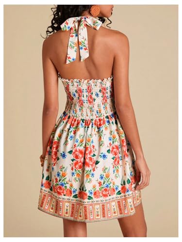 Image of Floerns Women's Floral Print Sleeveless Halter Neck Tie Back Summer A Line Dress
