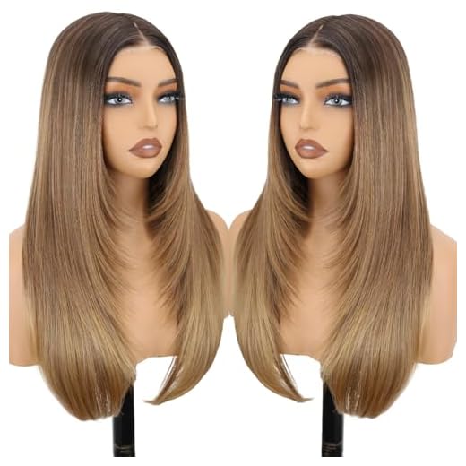 NOSTALGIA Brown and Blonde Highlight Straight Lace Front Wig Pre Cut Glueless Synthetic Layered Wig 24 Inch Middle Part Closure Wig For Women Upgraded with Premium Fiber