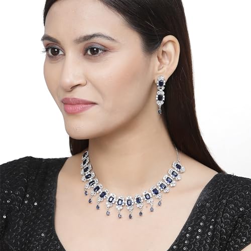 American Diamond Stone Studded Necklace Set (Navy Blue)