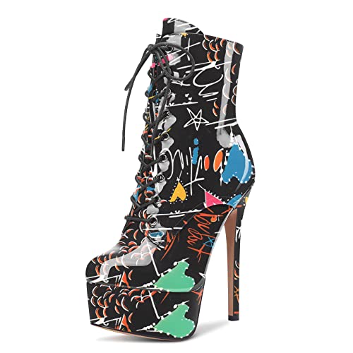 Image of Aachcol Women Ankle Boots Short Bootie Platform Stiletto High Heel Round Toe Dress Shoes Lace-up Patent 6.5 Inch