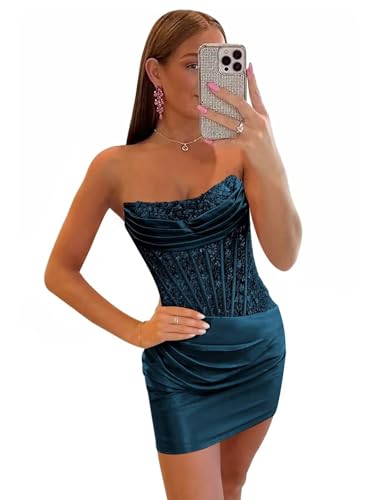 Strapless Satin Homecoming Dresses for Teens Short Tight HOCO Dress Lace Appliques Corset Cocktail Dress
