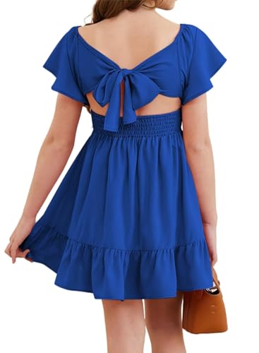 Girls Elegant Ruffle Short Sleeve Back Tie Dresses 6-13 Years Old