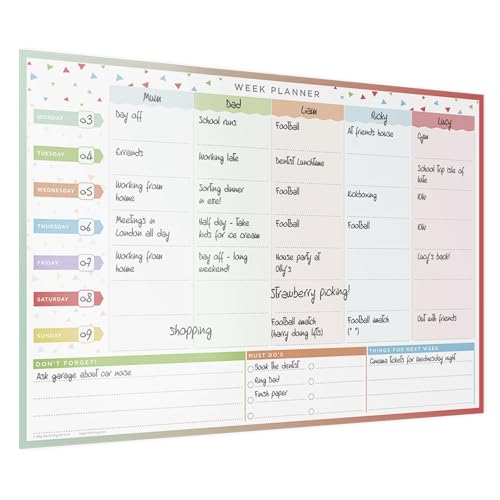 Family Wall Planner - A3 47cm x 32cm, 5 Columned, Self-Adhesive, Reusable, Laminated Planner For Weekly Food & Fitness Planning