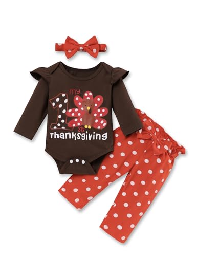 TUEMOS Thanksgiving Outfits Baby Girl My First Thanksgiving Romper+Polka Dot Pant+Headband Baby Girl Thanksgiving Clothes Set