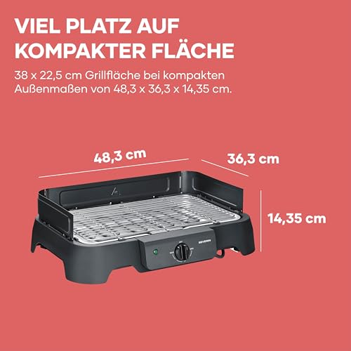 Severin Elektrogrill, Temperaturen 35-200 Grad Celsius, schnelles Aufheizen, 38x22 cm, Tischgrill mit Auffangschale, Edelstahl-Grillrost, Balkongrill, einfache Reinigung, 2000W, schwarz, PG 8593 – Bild 2