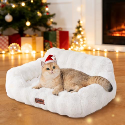ZOMISIA Orthopedic Cat Couch Bed for Indoor Cats, Cute Pet Sofa with Supportive Egg Foam, Fluffy Faux Fur Removable Washable Cover and Non-Slip Bottom, Ivory White