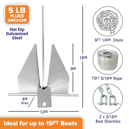 Image of Boat Anchor Kit with Rope and Chain, Heavy Duty Fluke Anchor for Boats | Hot Dip Galvanized Steel, Pontoon Sailboat Fishing Deck, Multiple Sizes, Better Boat