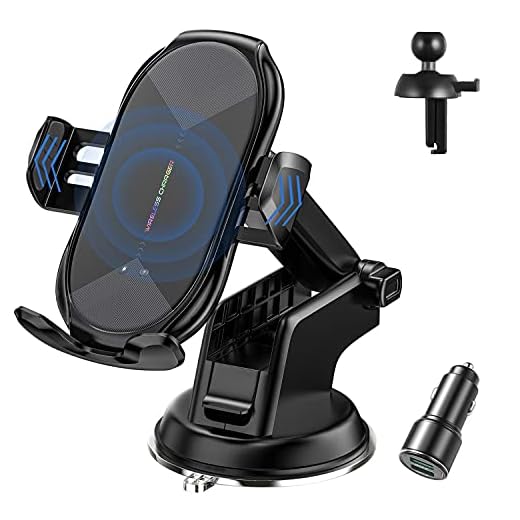 Wireless Car Charger Mount, Auto-Clamping Qi 10W Fast Charging Air Vent and Dashboard Car Phone Holder& QC3.0 Car Charger for iPhone 12/12 Pro/11/11 Pro/11 Pro Max/XSMax/X/8P/8 More (Black+Adapter)
