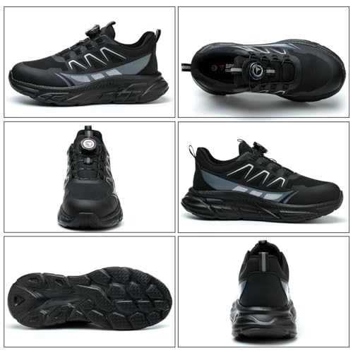 RASEARY Sicherheitsschuhe Arbeitsschuhe Herren Damen Bequem Stahlkappenschuhe Leicht Atmungsaktiv Industrielle Arbeitsschuhe mit Drehschnallen Schnürsenkeln,Schwarz EU 42