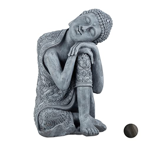 relaxdays Statue Figurine de Bouddha décoration Jardin Sculpture céramique Zen 60 cm, Gris Clair, 60 x 35 x 35cm