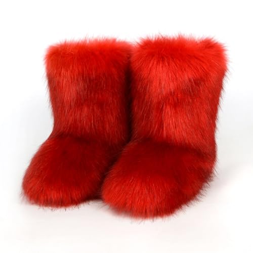 Women's Fluffy Furry Snow Boots Faux Fur Mid-Calf Flat Booties3